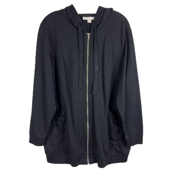 Woman Within‎ 18W 20W Jacket L Full Zip Black Pockets Hooded Jersey Knit 1439 - Picture 1 of 8
